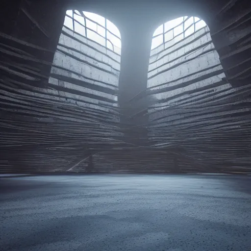 Prompt: a photo of the interior of a vast infinite vaulted structure made of driftwood, volumetric lighting, light rays, photorealistic, ultrarealistic, coronarender, 8 k