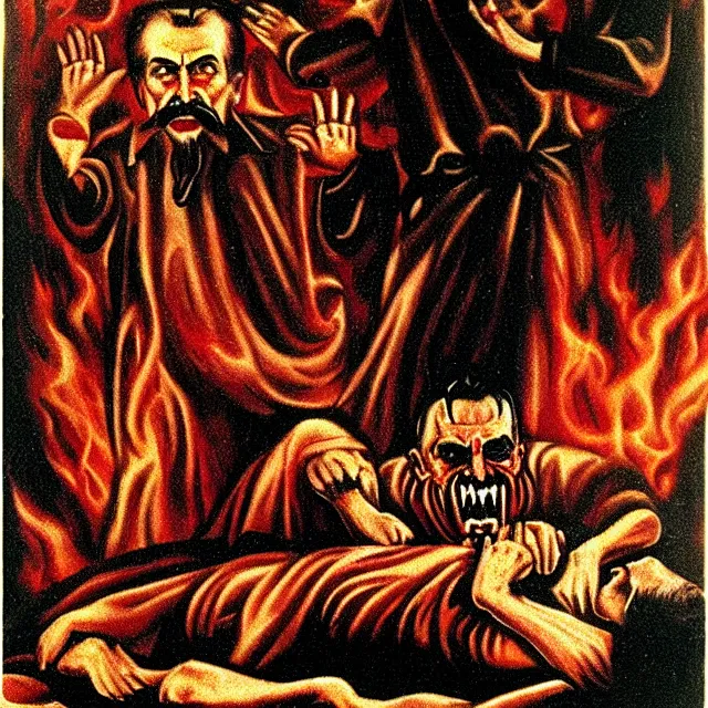 Image similar to orthodox horror icon of stalin being tortured in hell