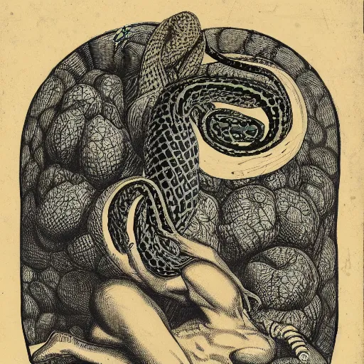 Prompt: a serpent wrapping itself around adam's neck as eve begs