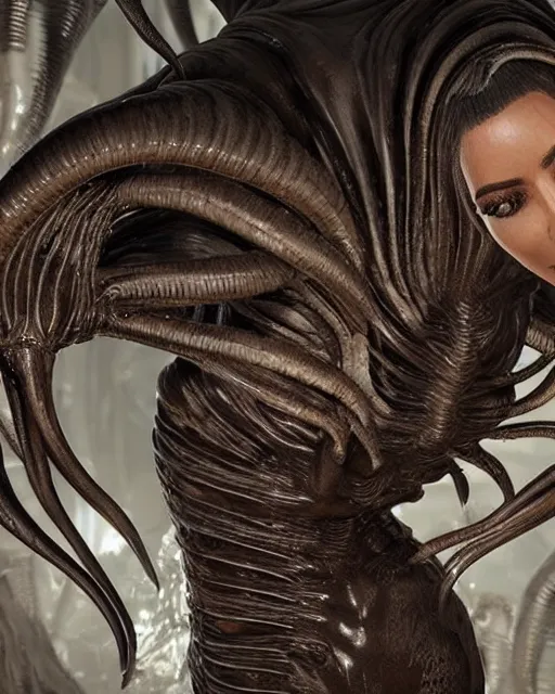 Image similar to cinematic full - body - shot still of kim kardashian being syphon fed by an xenomorph in a transparent alien liquid, wet flowing hair, gooey skin, illustration, unreal engine 5, 8 k, made by h. r. giger.