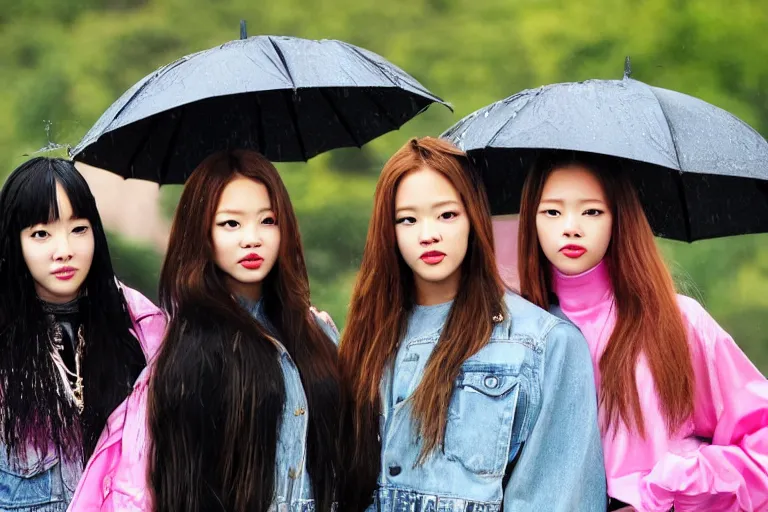 Image similar to a portrait of 4 (((((blackpink singers))))) posing in the rain