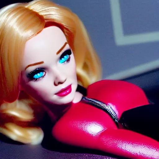 Image similar to amazing beautiful Christina Hendricks barbie doll wearing leather in the living room, film still from the movie directed by Denis Villeneuve , wide lens