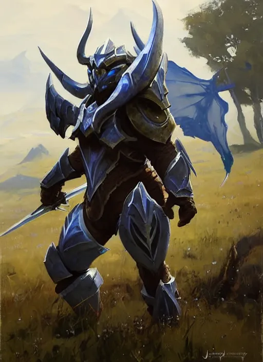 Image similar to Greg Manchess painting of a Zelda Charr from Guild Wars 2 wearing Forerunner Armor from Halo, countryside, calm, fantasy character portrait, dynamic pose, above view, sunny day, artwork by Jeremy Lipkin and Giuseppe Dangelico Pino and Michael Garmash and Rob Rey, very coherent asymmetrical artwork, sharp edges, perfect face, simple form, 100mm