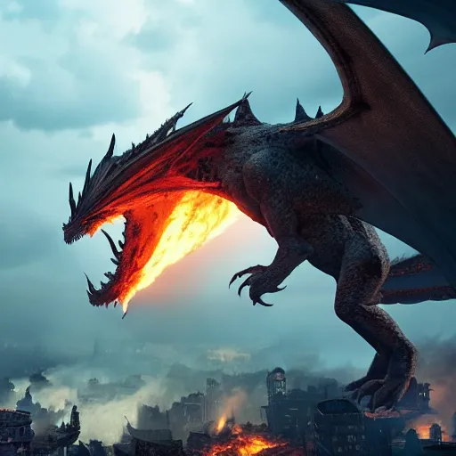 Prompt: a super realistic dragon that is on fire standing dramatically on a destroyed city, ultrawide shot, surreal, sharp focus, digital art, epic composition, concept art, dynamic lighting, intricate, highly detailed, 8 k, unreal engine, blender render