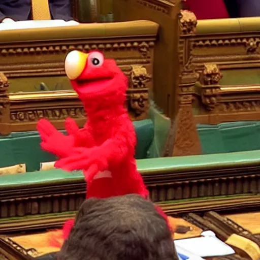 Image similar to Elmo speaking in british parliament while everything is burning around him