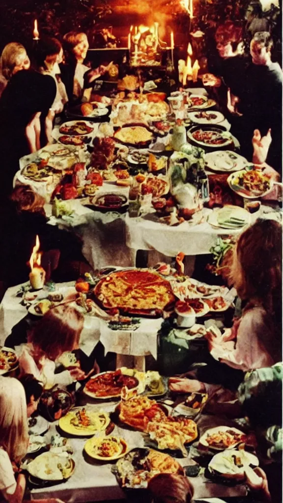 Image similar to occult satanic food ritual, 1 9 6 0 s food magazine photo, kodachrome