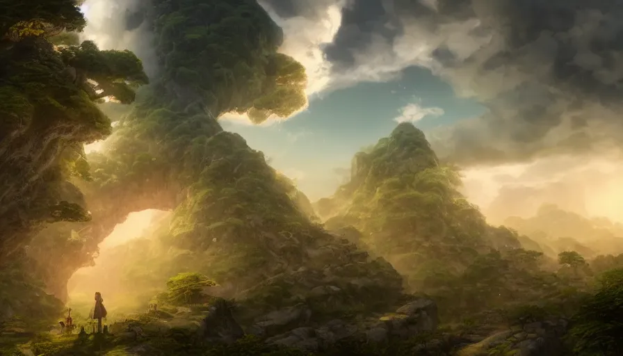 Image similar to a village below the great world-tree of Yggdrasil, dramatic volumetric clouds, cozy wallpaper, 4k, high details, volumetric magical lighting, motion blur, blur, trending on Artstation, award-winning, art by Studio Ghibli, by Chris Moore