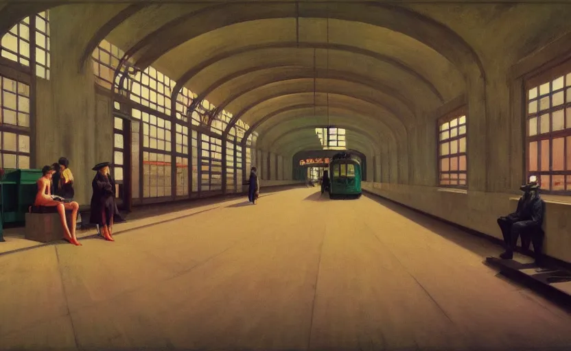 Prompt: Inside a train station, Edward Hopper and James Gilleard, Zdzislaw Beksinski, Mark Ryden, Wolfgang Lettl highly detailed, hints of Yayoi Kasuma