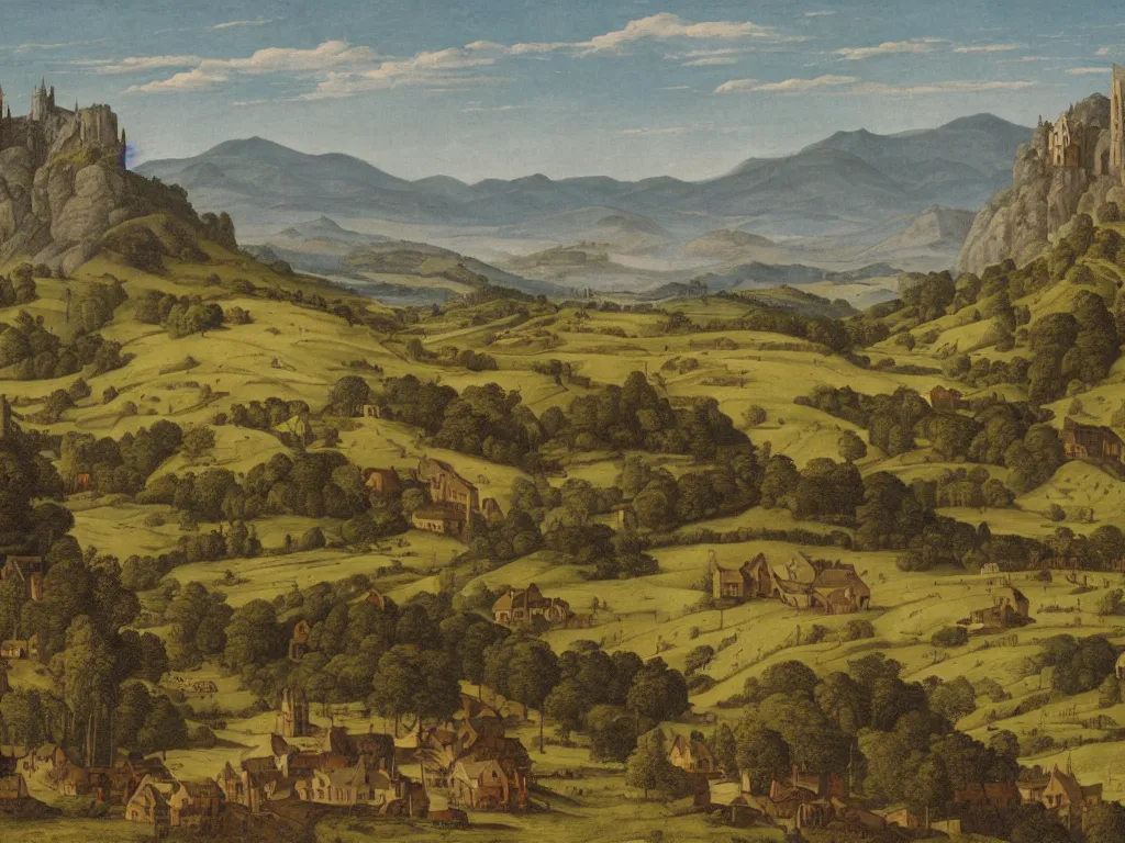 Prompt: medieval scenic with a fields hills and mountains