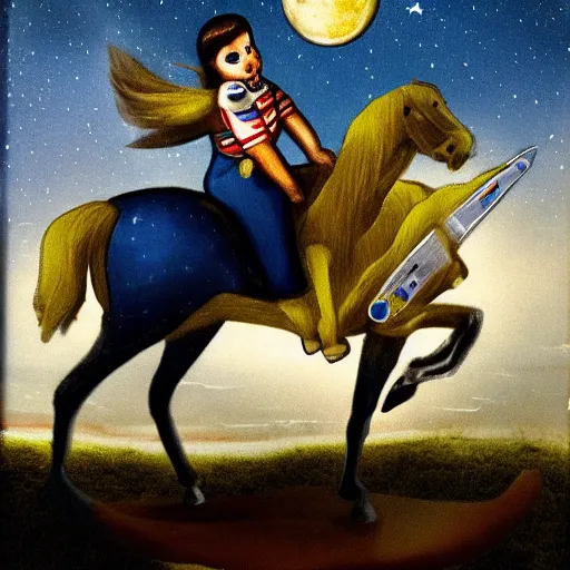 Image similar to the moon riding an astronaut on a horse