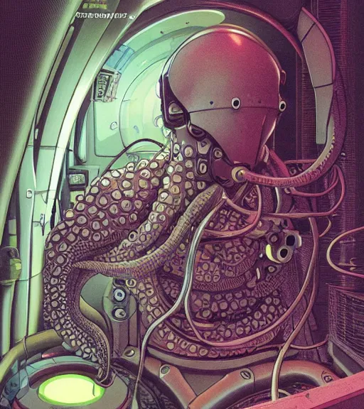 Image similar to a cybernetic realistic octopus in a space station, techwear, Industrial Scifi, detailed illustration, character portrait, by Martin Grip and Moebius