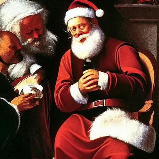 Image similar to Father Christmas drinking Coca Cola. Painted by Caravaggio