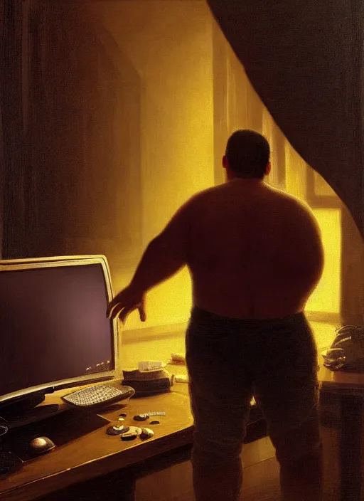 Image similar to insanely detailed chiaroscuro image of a exhausted - looking slightly fat casually - dressed programmer guy on his knees facing his glowing ultrawide computer monitor monitor begging it for forgiveness, oil on canvas, masterwork, fine detail, trending on artstation, emotive, insanely compelling, ryden, koons, moebius