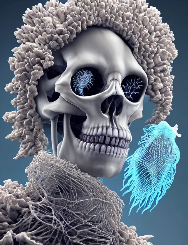 Image similar to 3 d goddess skeleton macro close - up portrait with crown made of ram skull. betta fish, jellyfish phoenix, bioluminiscent, plasma, ice, water, wind, creature, super intricate ornaments artwork by tooth wu and wlop and beeple and greg rutkowski