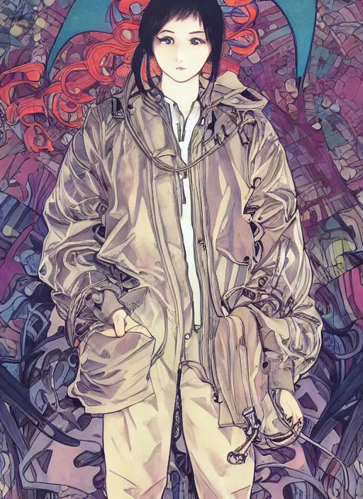 Prompt: a copic maker manga illustration by yoshiyuki sadamoto and lois van baarle and alphonse mucha of a japanese girl highly detailed big eyes wearing streetwear anorak and a pilot suit lots of zippers, pockets, synthetic materials, by issey miyake and balenciaga 8 k