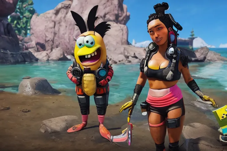 Image similar to loba from apex legends with spongebob in bikini bottom. ingame screenshot, high detail
