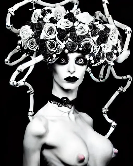 Image similar to dreamy surreal poetic black and white photo of a beautiful young bio-mechanical-female-cyborg-plant-plastic-robot with a very long neck and a super big gothic lace collar and a very high big floral crown with many black dry roses by Vivienne Westwood:: smoke, high fashion, haute couture, rococo, avant-garde, elegant, dreamy, hyper realistic, 150 mm lens, soft rim light, octane render, unreal engine, picture was taken in 1910 by Dora Maar, volumetric lighting, dramatic light,8k,