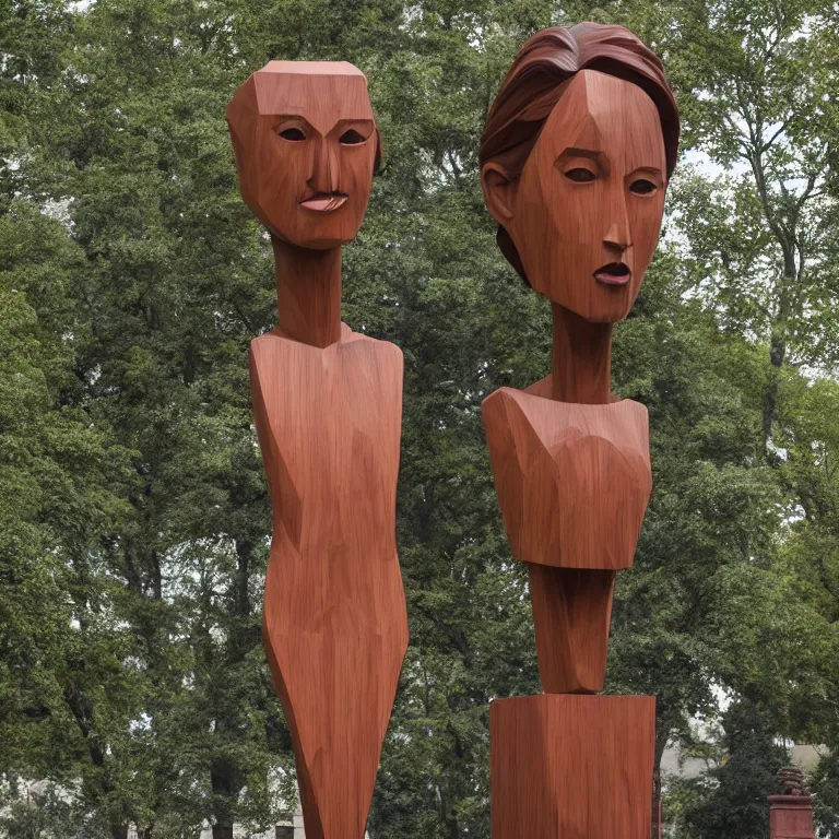 Prompt: enormous geometric minimalist accurate standing figurative sculpture of park shin - hye, beautiful symmetrical!! face accurate face detailed face realistic proportions, hand - carved out of mahogany wood on a pedestal by stephan balkenhol and martin puryear, cinematic lighting shocking detail 8 k