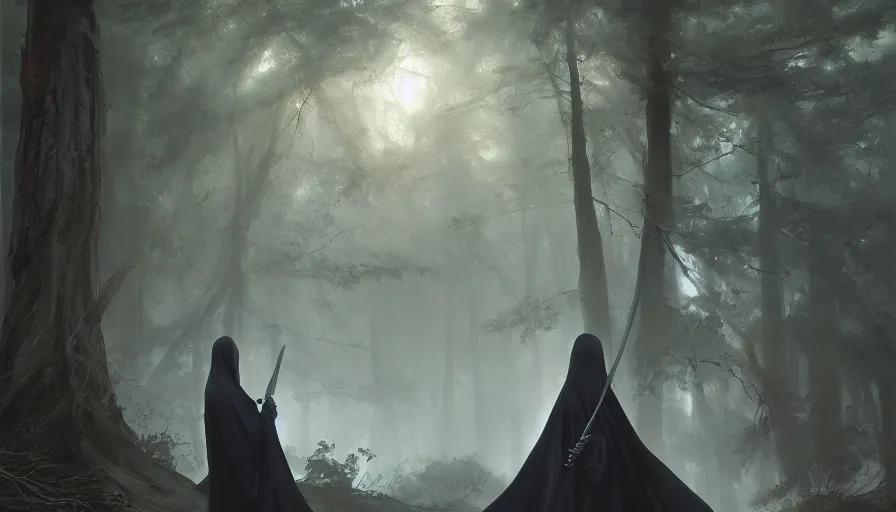 Image similar to A beautiful painting of a the grim reaper wearing a flowing cloak in a magical forest, ray traced sun light, by greg rutkowski and Kalin Popov , Trending on artstation HD.