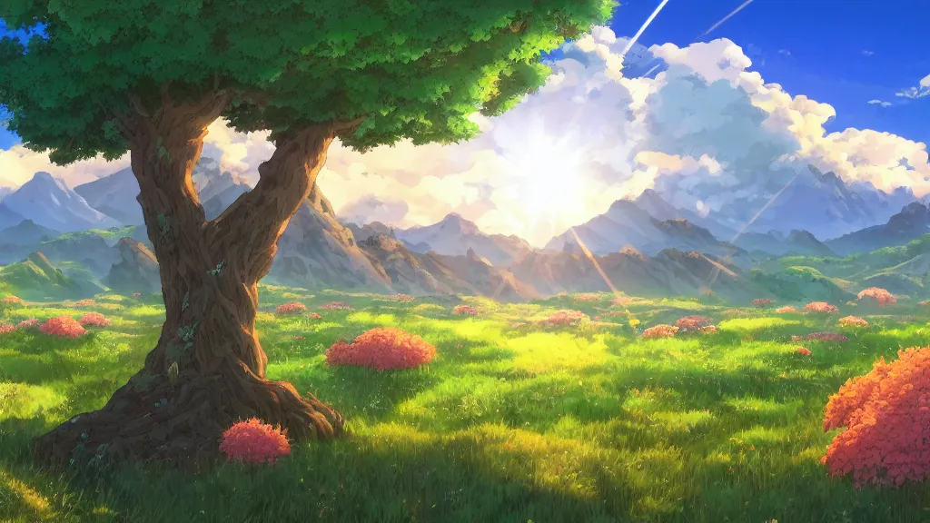 Image similar to fantastic anime sunny meadow with flowers, lone old Oak in the middle plane and mountains on the background, by Hayao Miyazaki, nausicaa of the valley of the wind, studio Ghibli style, Anime wallpaper, stunning