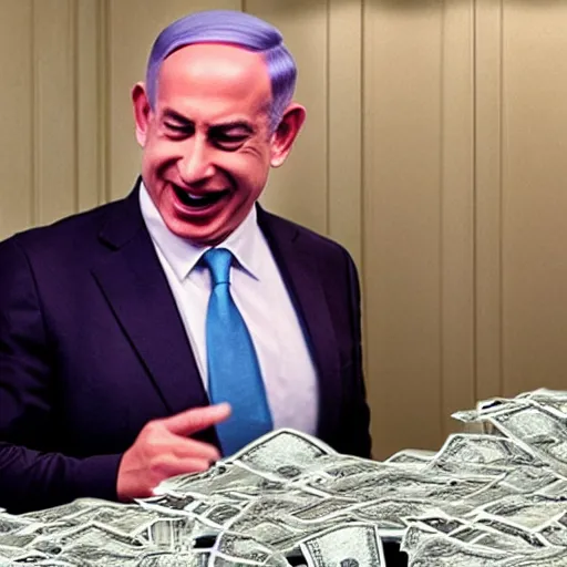 Image similar to benjamin netanyahu laughing maniacally counting piles of cash