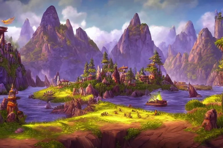 Prompt: world of warcraft environment with a big stage and birds and trees and a huge stage in the center and birds flying, rocky mountains and a river, birds flying, in the air,beautiful, concept