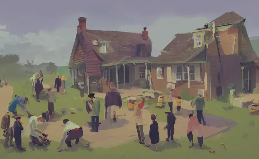 Image similar to a group of village farmers meet a local detective to outside his house, james gilleard, print, game art