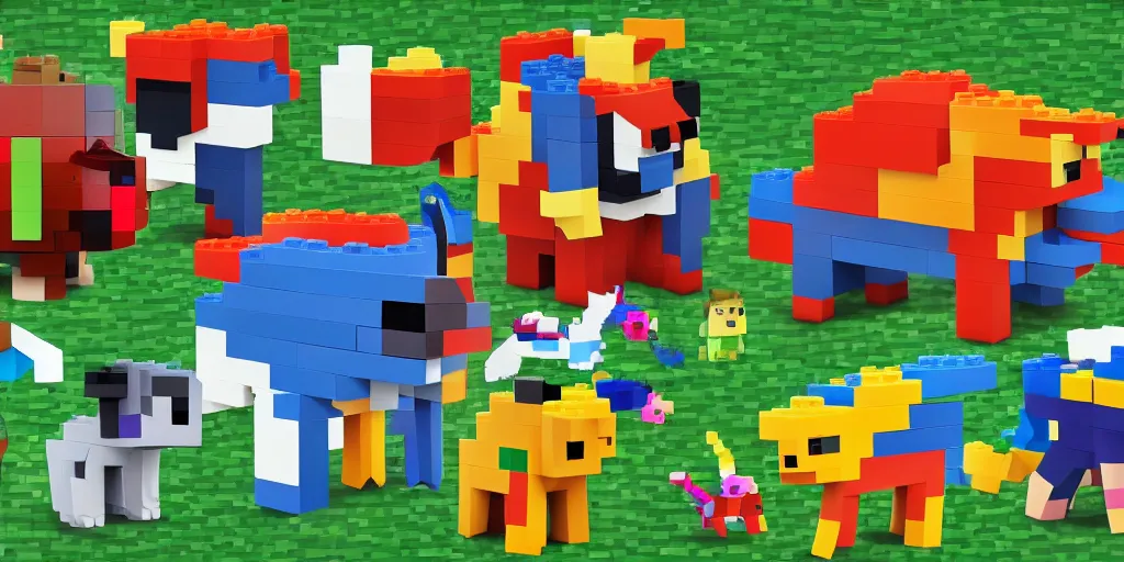 Image similar to small creatures made of a single brick, four legged, quadrupedal, cute looking, kawaii, sharp focus, character sheet, game concept art, blocky, lego mixels, flat toon style like katamari damacy inspired, pokemon inspired, blocky like minecraft