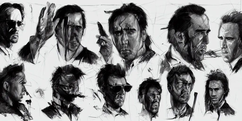 Image similar to nicholas cage, character sheet, concept design, contrast, kim jung gi, greg rutkowski, zabrocki, karlkka, jayison devadas, trending on artstation, 8 k, ultra wide angle, pincushion lens effect