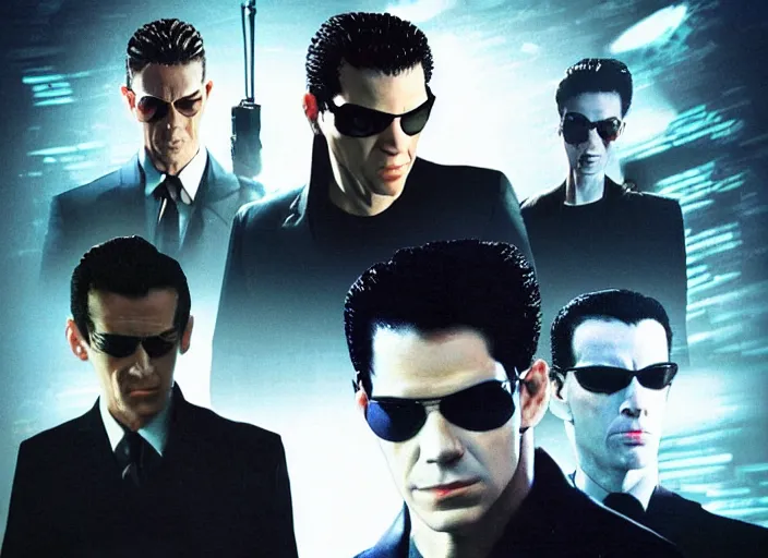 Image similar to portrait of tommy tallarico dressed as agent smith from the matrix surrounded by multiple tommy tallarico dressed as agent smith from the matrix with matrix filter