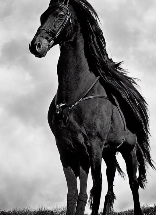 Image similar to A tall and evil shape, mounted upon a black horse… The rider was robed all in black, and black was his lofty helm metal helmet lotr