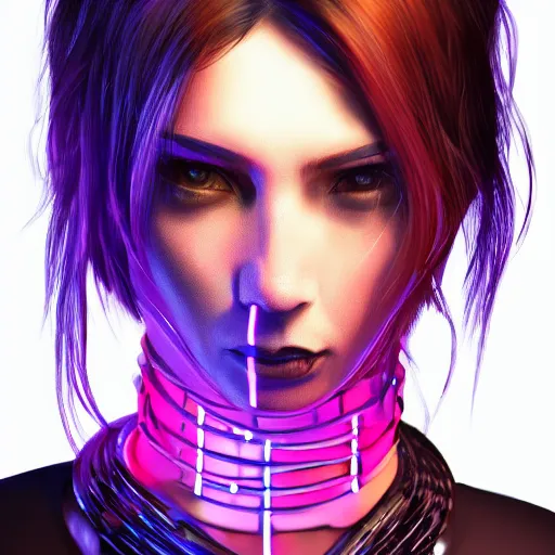 Image similar to headshot portrait of cyberpunk woman wearing thick steel choker around neck, 4K, detailed face, collar on neck, realistic, artstation, cyberpunk style, neon,