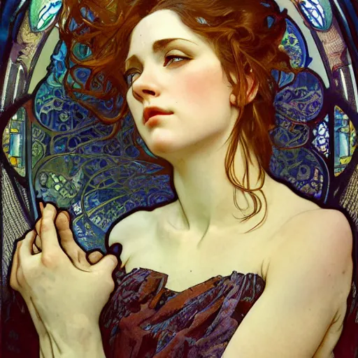 Prompt: realistic detailed head and shoulders profile portrait of Mia Kirschner by Alphonse Mucha, Ayami Kojima, Amano, Charlie Bowater, Karol Bak, Greg Hildebrandt, Jean Delville, and Mark Brooks, Art Nouveau, Neo-Gothic, gothic, Mia Kischner, rich deep moody colors