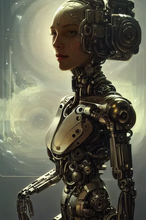 Image similar to beautiful female mechanical android!, half portrait, intricate detailed environment, photorealistic!, intricate, elegant, highly detailed, digital painting, artstation, concept art, smooth, sharp focus, illustration, art by artgerm and greg rutkowski and alphonse mucha