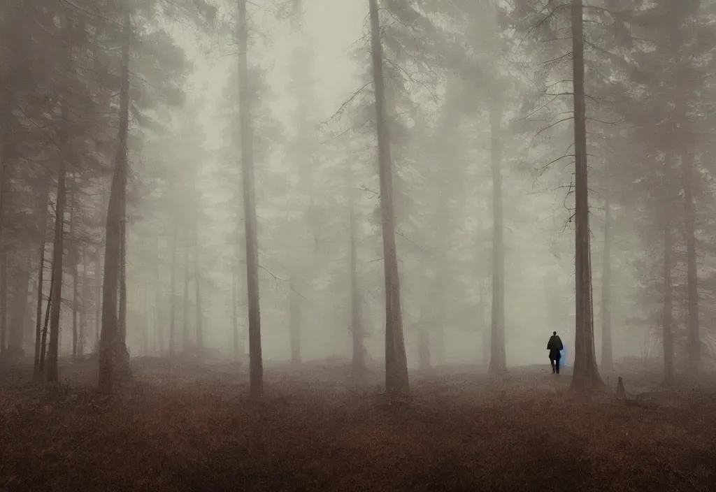 Image similar to a man in trench coat standing in front of a large forest wooden cabin that is on fire, night, foggy, gloomy, mysterious, artstation, jakub rozalski, high detail