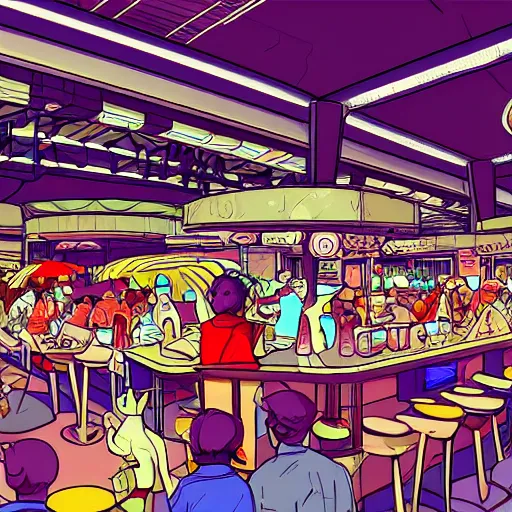 Image similar to food court at a crowded space station, jim henson creature shop, mike mignogna, cyberpunk, retrofuture, illustration
