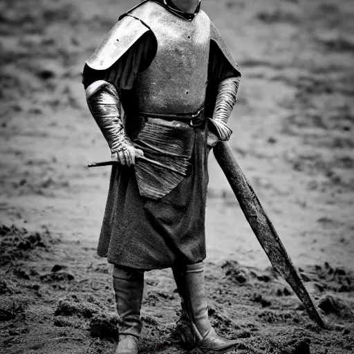 Prompt: Medieval squire with medieval clothes. Standing in the mud. Face closeup. Black & White photo.