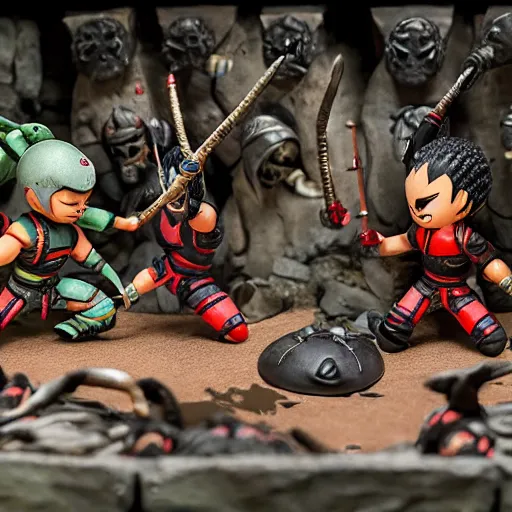 Prompt: photo of nendroid figures inside a diorama, depicting the cute fighters of mortal kombat brutally fighting each other inside a shaolin temple next to a spike - pit.