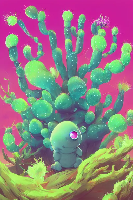 Image similar to roots cactus sushi cristal smurf ghost creature animal sushi cristal very big eye roots cactus elemental flush of force nature micro world fluo fishscale, behance hd by jesper ejsing, by rhads, makoto shinkai and lois van baarle, ilya kuvshinov, rossdraws radiating a glowing aura global illumination ray tracing hdr