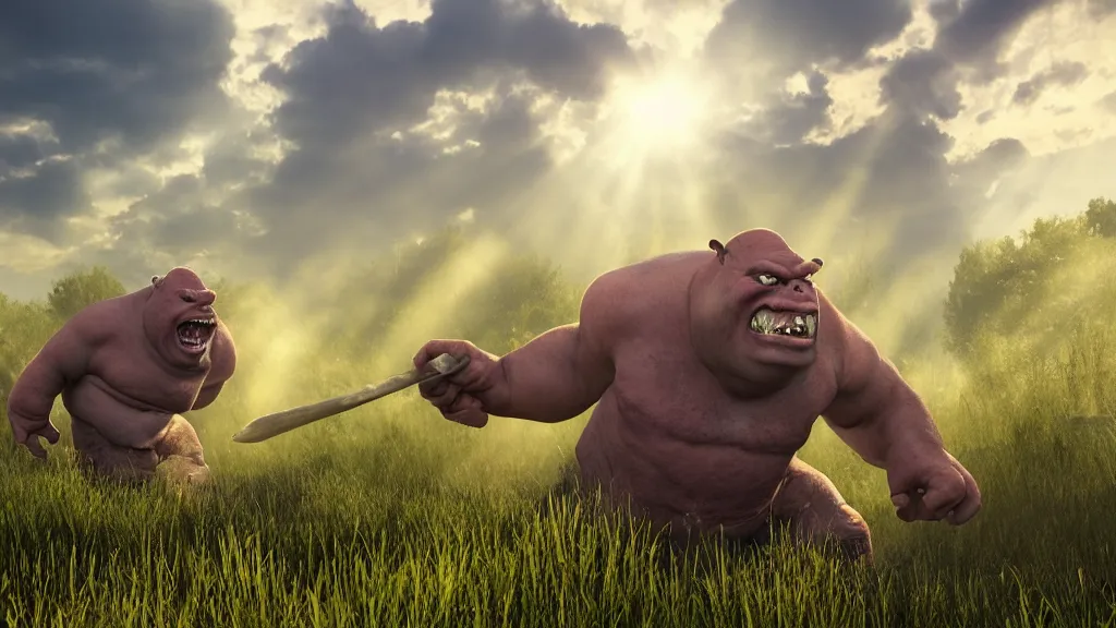 Image similar to a huge violent angry ogre stomps through a meadow, crepuscular rays, photorealistic