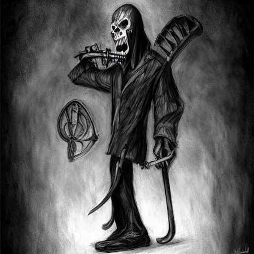 Image similar to surrealism grunge cartoon portrait sketch of the Grim Reaper with a scythe, by michael karcz, loony toons style, freddy krueger style, horror theme, detailed, elegant, intricate