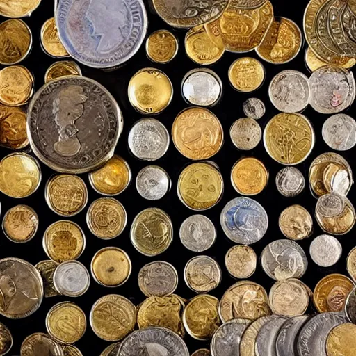 Image similar to An enormous treasure trove filled wall-to-wall with precious coins, wide shot, ultra-high definition, 4K, museum quality photo