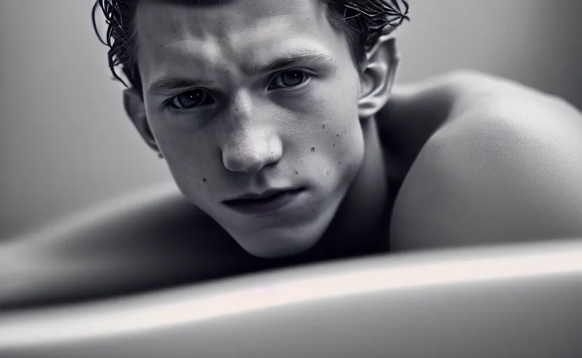 Image similar to photographic portrait by Annie Leibovitz of Tom Holland in a hot tub, closeup, foggy, sepia, moody, dream-like, sigma 85mm f/1.4, 15mm, 35mm, 4k, high resolution, 4k, 8k, hd, full color