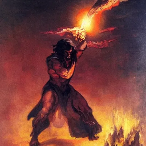 Prompt: “wizard casting a fireball spell, glowing embers, fantasy painting by frank frazetta”