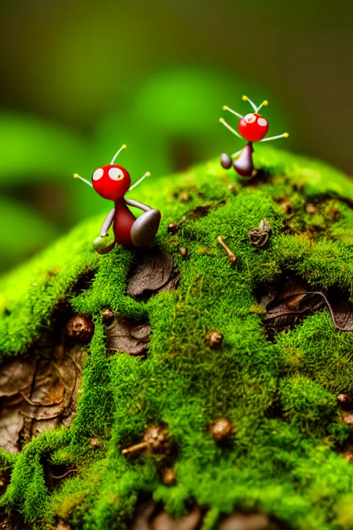 Prompt: pikmin on a mossy forest floor, macro photography