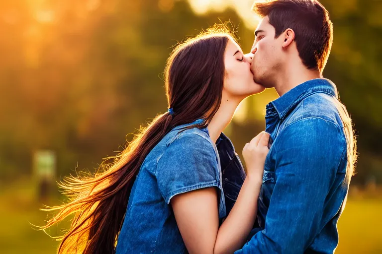 Image similar to girl kiss man, poster, ultra realistic!!!, hdr, clear weather, golden hour, sharp focus