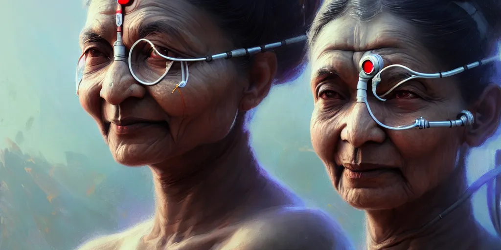 Image similar to ultra detailed face portrait of the mamatha gandhi as a cyborg, extremely detailed digital painting, in the style of fenghua zhong and ruan jia and jeremy lipking and peter mohrbacher, mystical colors, rim light, beautiful lighting, 8 k, stunning scene, raytracing, octane, trending on artstation