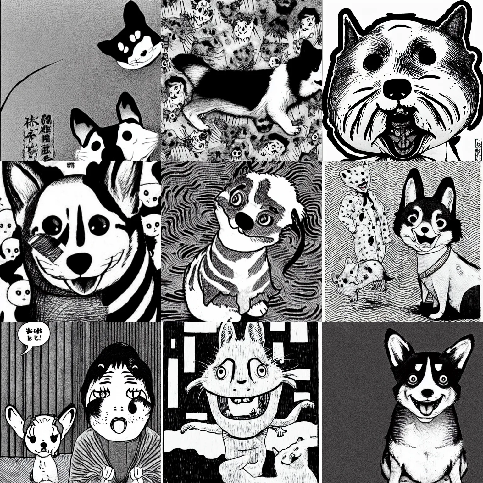 Prompt: junji ito corgi, cute, black and white, japanese horror