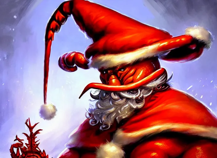 Image similar to magic : the gathering fantasy character concept art of anthropomorphic lobster wearing a christmas hat, by franz frazetta and marco bucci, high resolution. a clear portrait of powerful lobster impersonating santa, magical christmas wonderland in background, fantasy coloring, intricate, digital painting, artstation, smooth, sharp focus