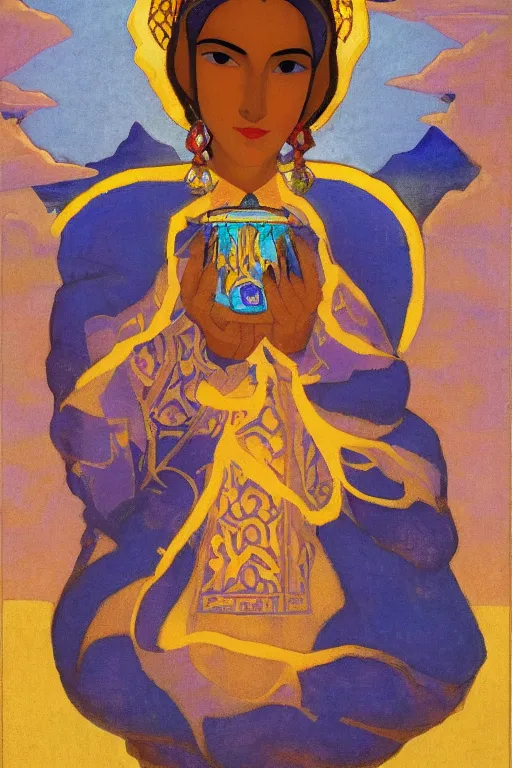 Image similar to queen of the dawn with her lantern and birds, by Nicholas Roerich, elaborate headdress and embroidered velvet, iridescent beetles, rich color, dramatic cinematic lighting, extremely detailed